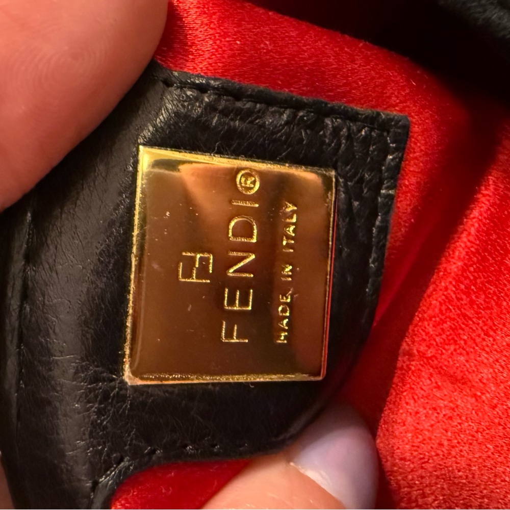 Fendi Black Suede Shoulder Bag with Gold & Red Logo Plaque - Picture 7 of 10